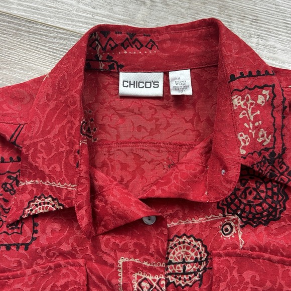 Chicos Womens 1 Medium Button Up‎ Silk Linen Blend Paisley Geometric Blouse - Picture 3 of 10